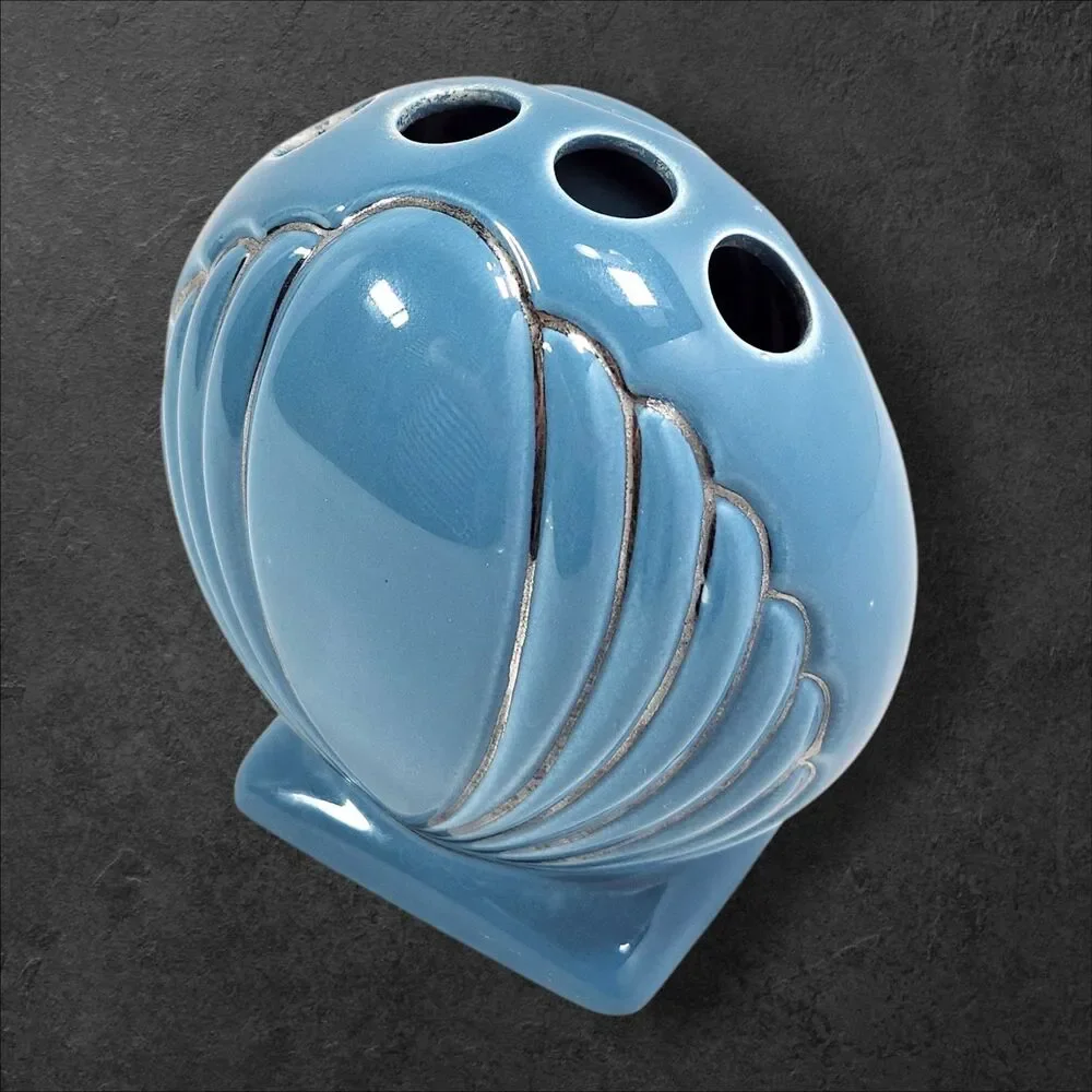 Vintage Blue Silver Seashell Toothbrush Holder Ceramic Nautical Beach Bathroom